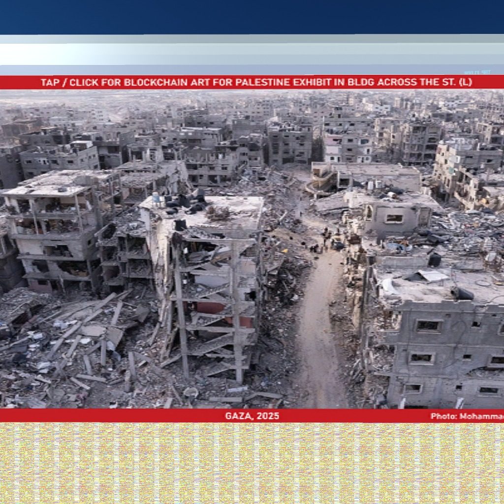 Tap the image for the Blockchain Art for Palestine exhibit. Humanitarian concern can be freely expressed in Voxels.